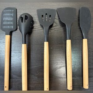 Bamboo Handle Silicone Kitchen Utensil Set 5-Piece Black Non-Scratch
